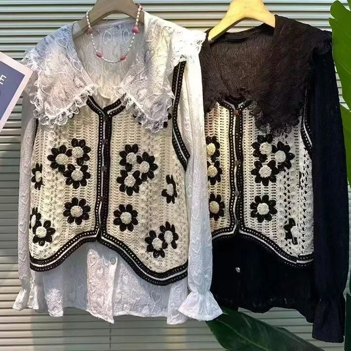 早秋穿搭针织马甲蕾丝娃娃领衬衫时尚大码套装