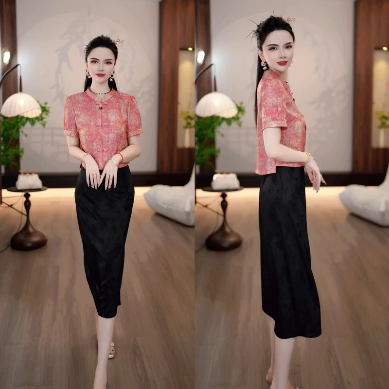 2025夏款妃子笑荔枝红新中式立领小衫+黑色暗纹半裙两件套M-4XL