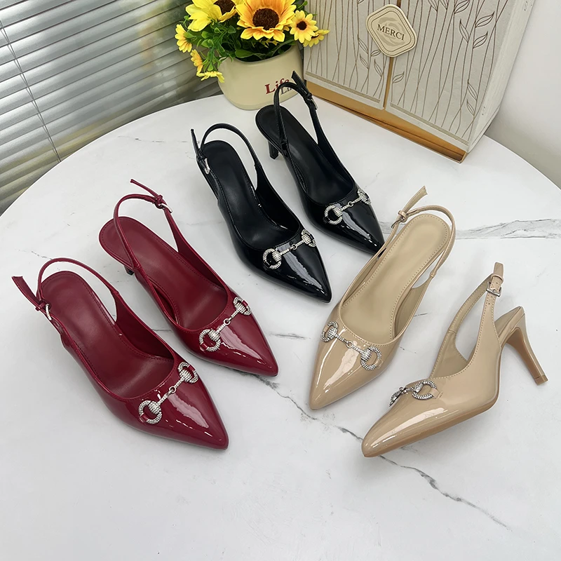 J·M尖头水钻浅口细跟高跟鞋女2025新款爆款法式时尚一字扣带单鞋