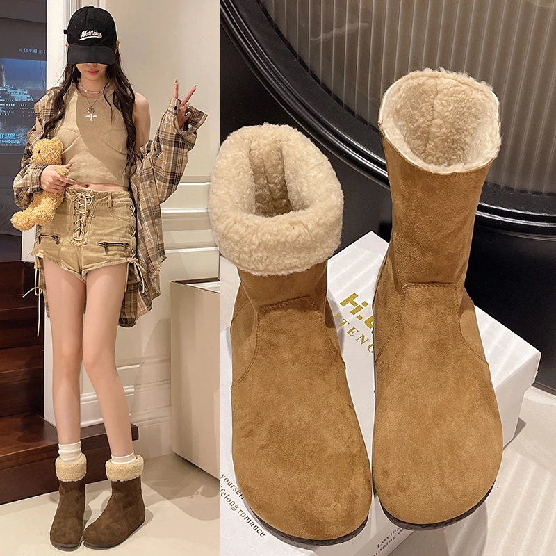 平底磨砂皮大头短靴复古马丁靴女鞋2025秋冬韩版套筒靴及踝靴