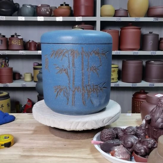 茶叶罐紫砂八饼装茶叶罐刻绘9767