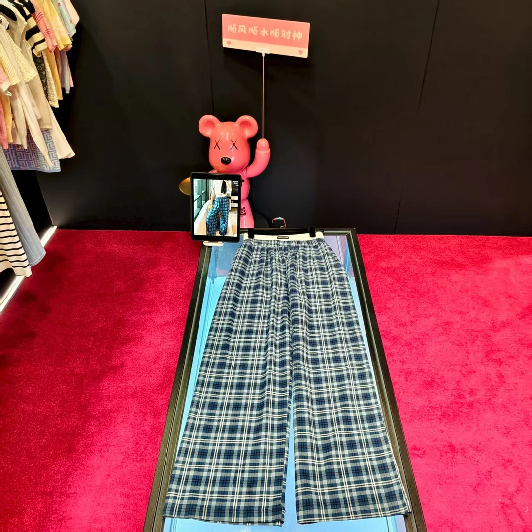 G938新款时尚气质格纹休闲裤高腰轻奢格子重工