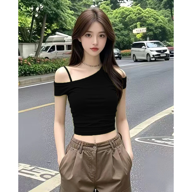 2025新款夏季纯欲修身显瘦露肩短袖T恤女性感辣妹短款一字肩上衣