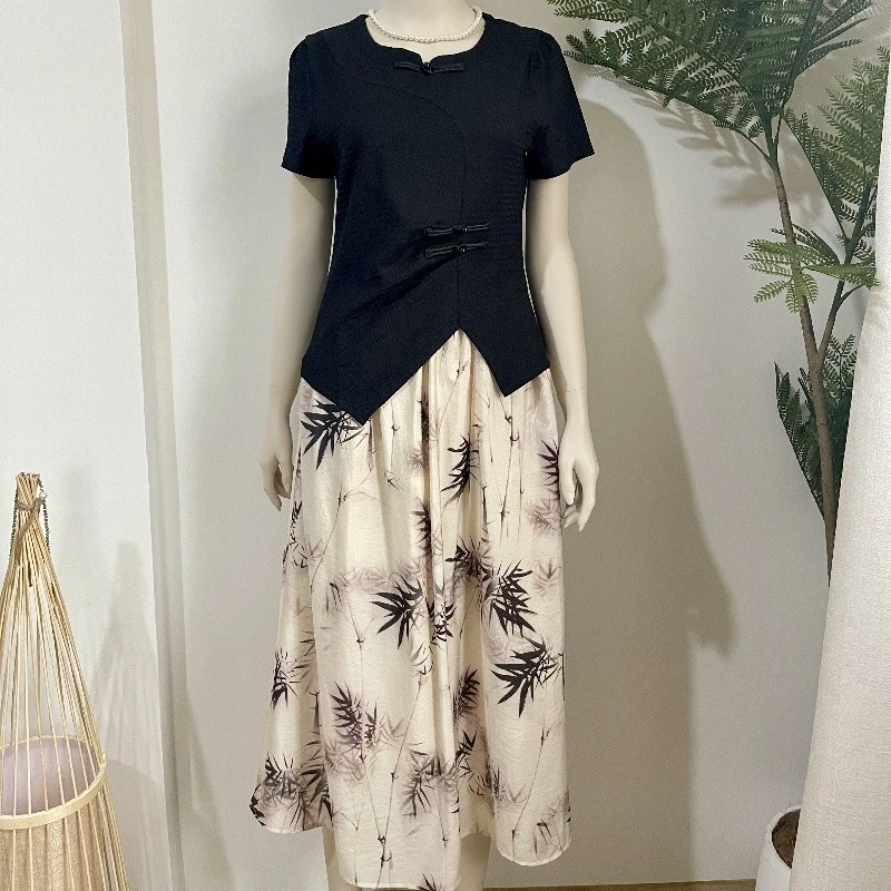 盘扣短袖T恤碎花半身裙国风套装洋气中老年女装夏气质妈妈两件套1