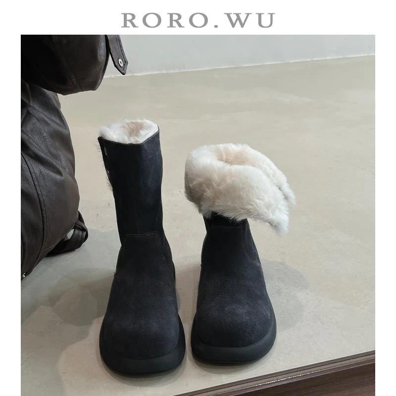 娆娆吴磨砂牛皮简约加绒保暖毛毛短靴冬季新款厚底雪地靴女M10