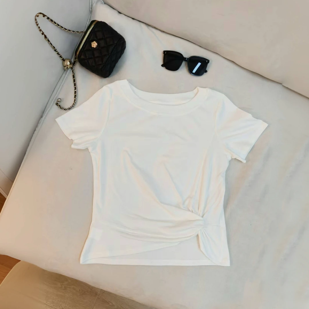 【zonefive】夏季新款设计感纯色扭结时尚气质短袖T恤女-25210