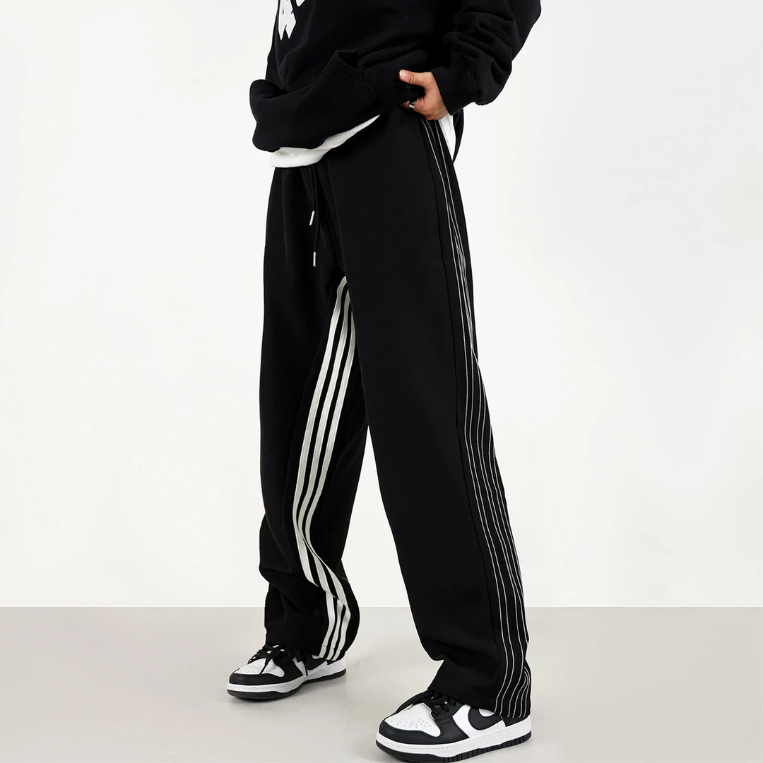 【0123清仓】垂坠感条纹拼接直筒黑色高街运动裤男卫裤休闲裤