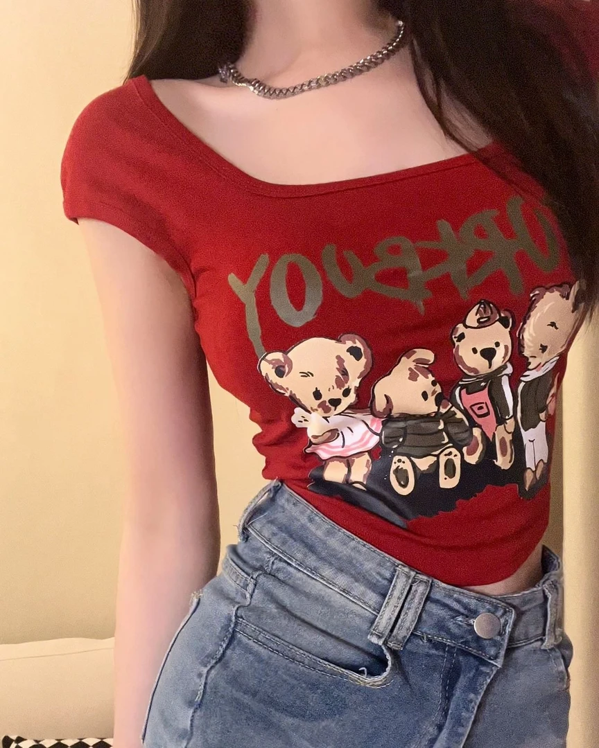 夏季卡通小熊印花短袖背心漏背显瘦修身带固定杯垫ins风百搭款式