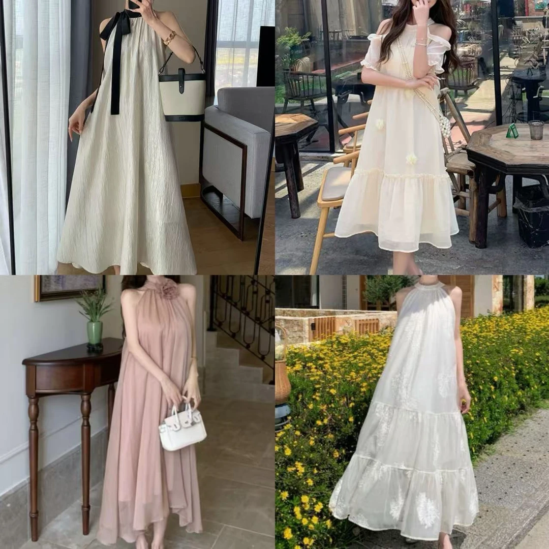 【D01~D100】新法式初恋挂脖连衣裙女夏宽松气质绝美温柔初恋长裙
