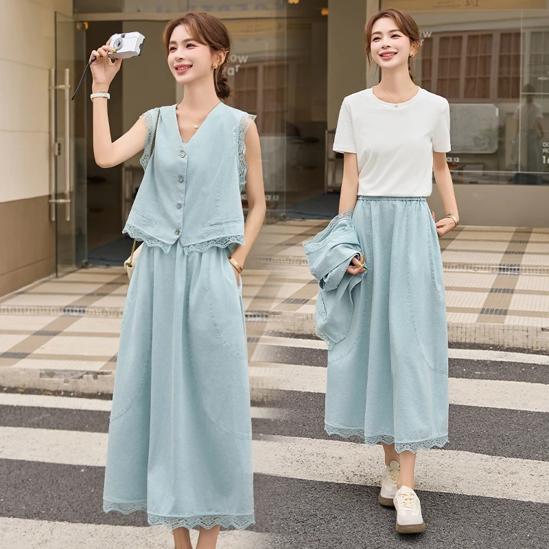 蕾丝拼接马甲套装裙女2025年夏季新款高级感气质减龄半身裙三件套