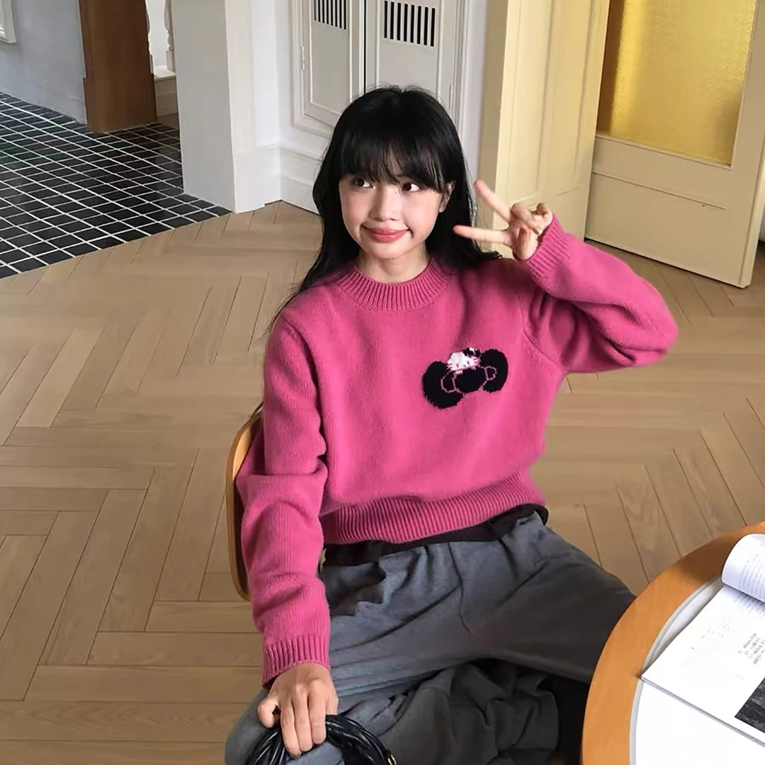 卡通蝴蝶结猫咪提花套头针织衫上衣女2025秋冬新款宽松减龄毛衣