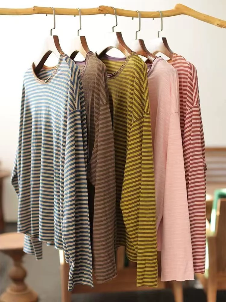 慢慢变蓝（荼)S33789复古纯棉条纹T恤百搭薄款打底衫秋冬圆领宽松