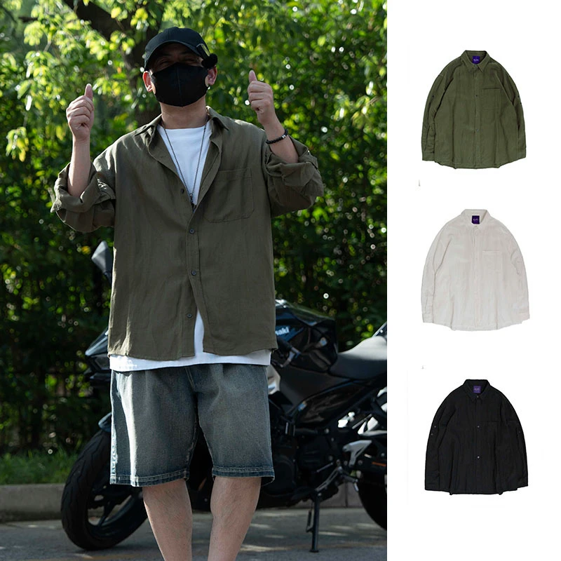 【可卷袖亚麻廓形遮阳衫】200g高街休闲衬衫男女款素感设计衬衣6761