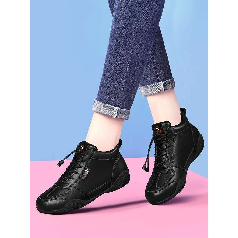 【万达撤柜】真皮高帮运动鞋新款春秋冬季加绒软底妈妈休闲鞋平底