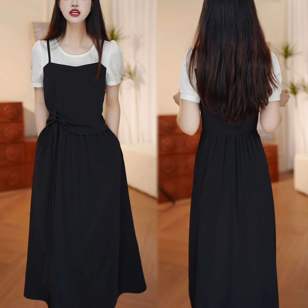 夏季新款小个子拼色假两件连衣裙百搭时尚气质韩版收腰设计中长裙