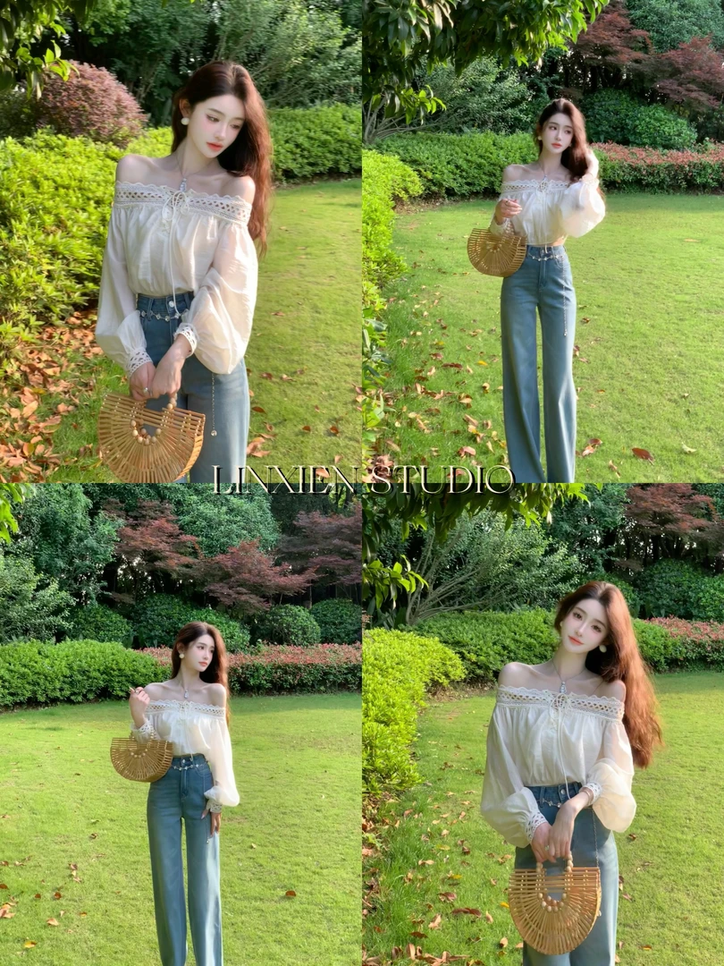 西恩定制●【浮生半日】高级设计感镂空花边一字肩上衣女LNX5SY1755