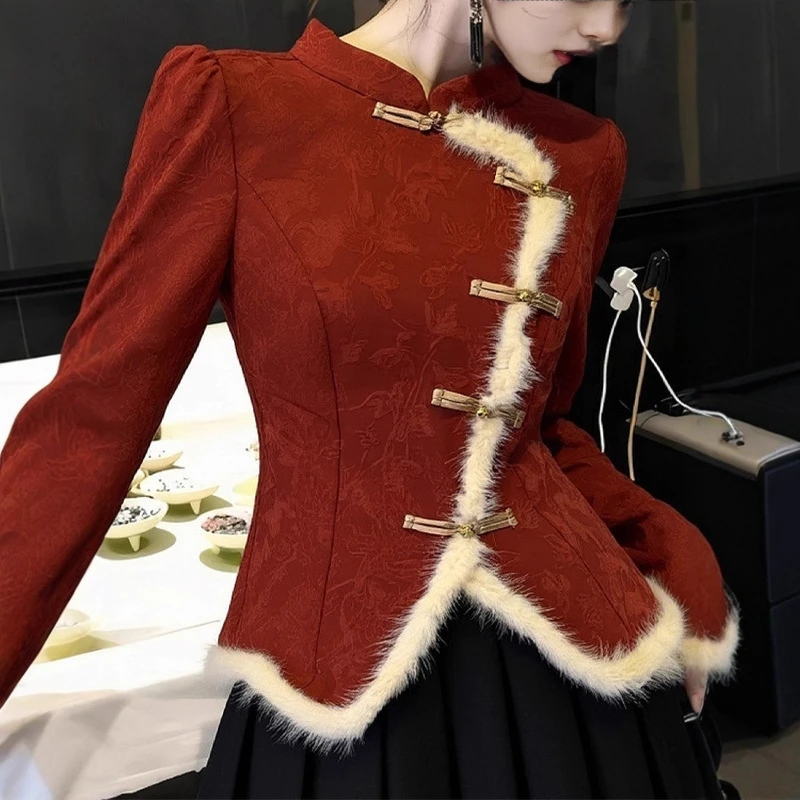 红色新中式提花改良旗袍上衣2025冬季国风独特加厚收腰盘扣衬衫女