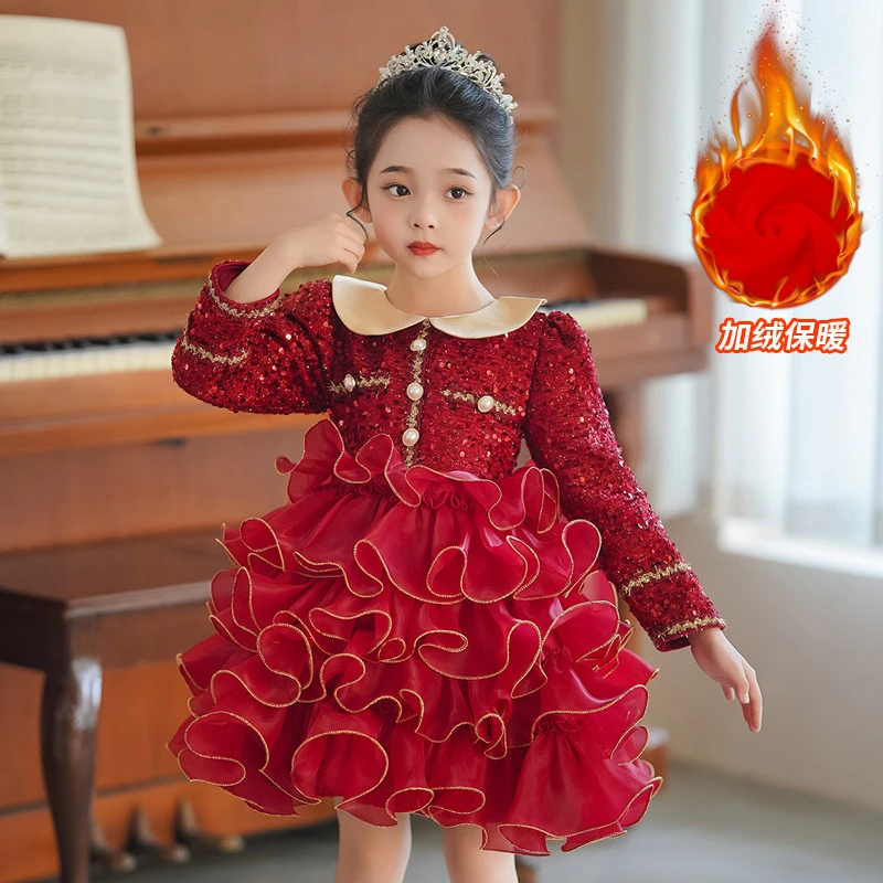 女童秋冬新款连衣裙洋气红色宝宝公主裙加绒拜年生日婚礼裙子时髦