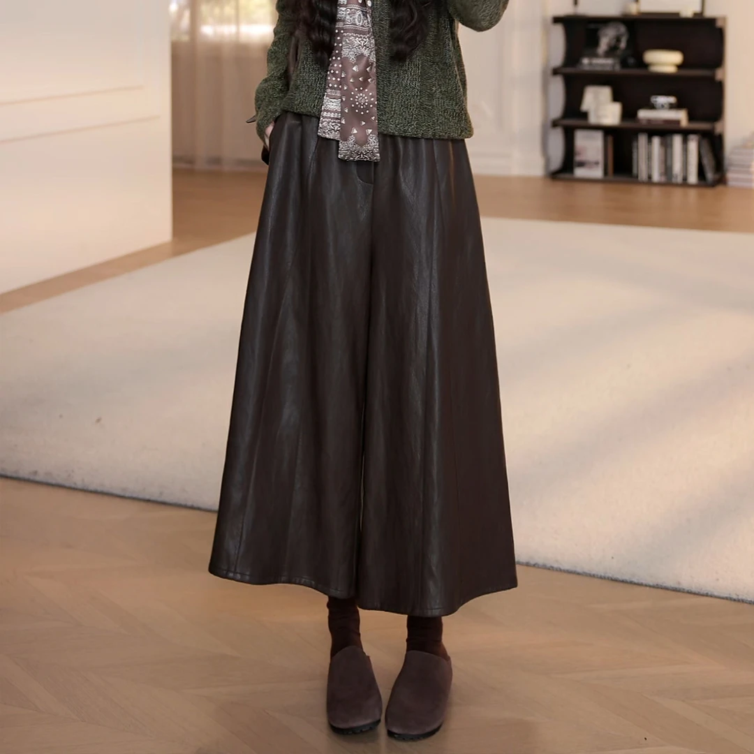 【YANYAN】咖色pu皮裤九分裤直筒裤女小个子新款高腰休闲裤5441