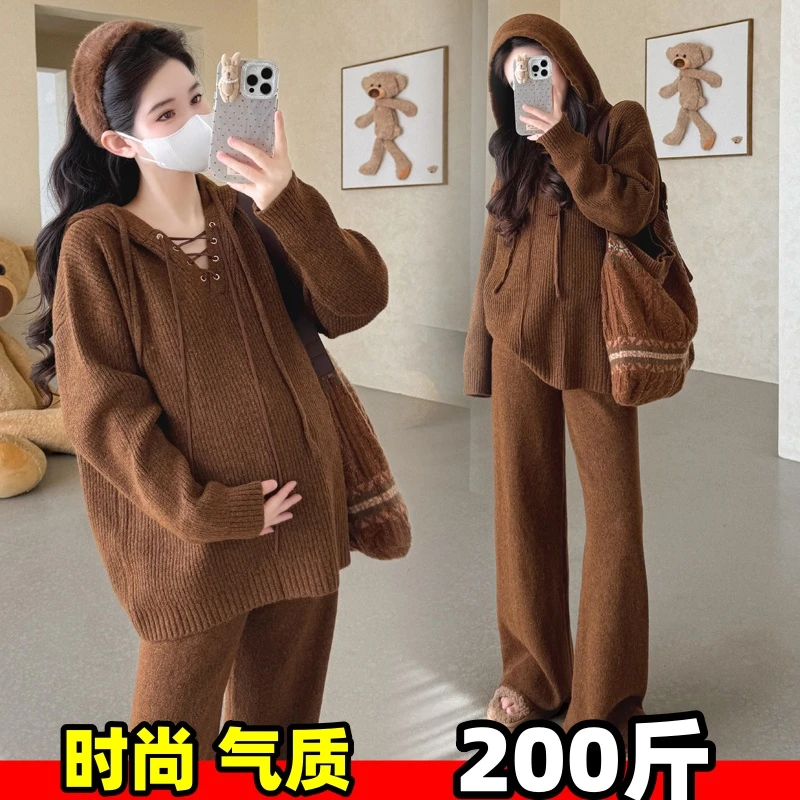 大码孕妇连帽毛衣休闲裤套装秋冬装遮肚上衣抽绳长裤两件套200斤