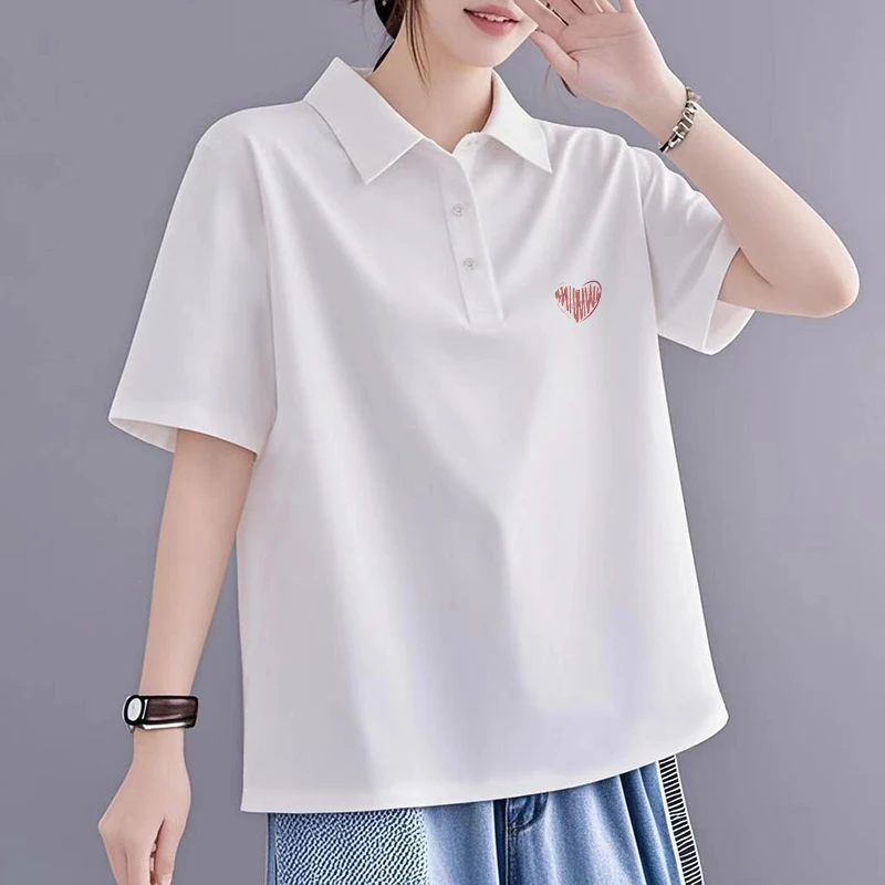 白色外穿少女polo领宽松短袖chic韩版正肩纽扣运动休闲夏装T恤衫