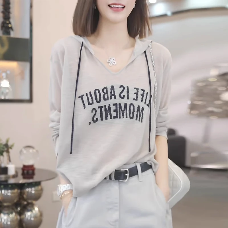 连帽罩衫显瘦宽松上衣夏季薄款胖MM大码女装蓝色长袖防晒针织T恤