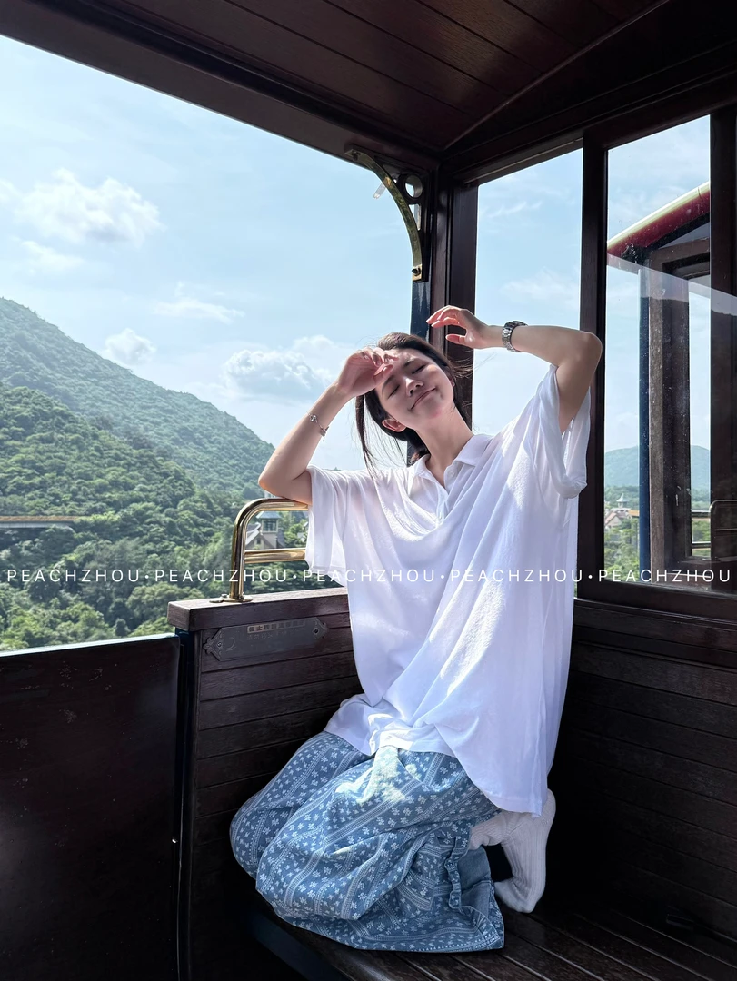 『PEACHZHOU』刺绣徽标轻薄纸片POLO短袖休闲宽松翻领纯色中性T恤