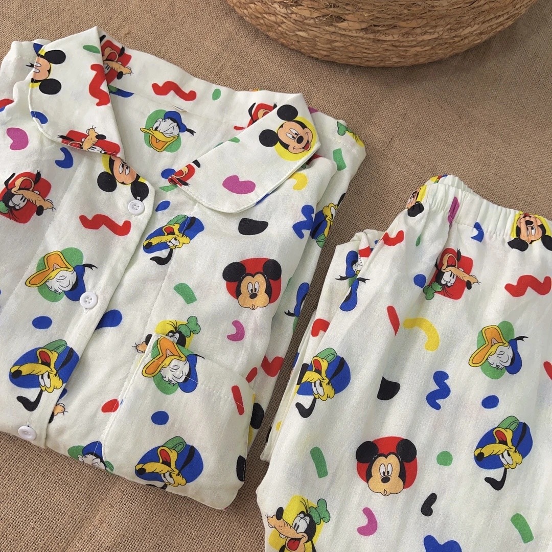 100%全棉A类双层纱白色米奇长袖长裤居家服卡通可爱透气柔软亲肤