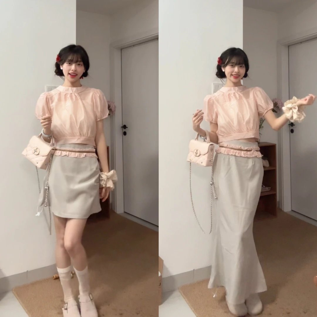 甜圈圈【小合奈奈】粉色气质上衣吊带内搭高腰半身裙气质显瘦套装