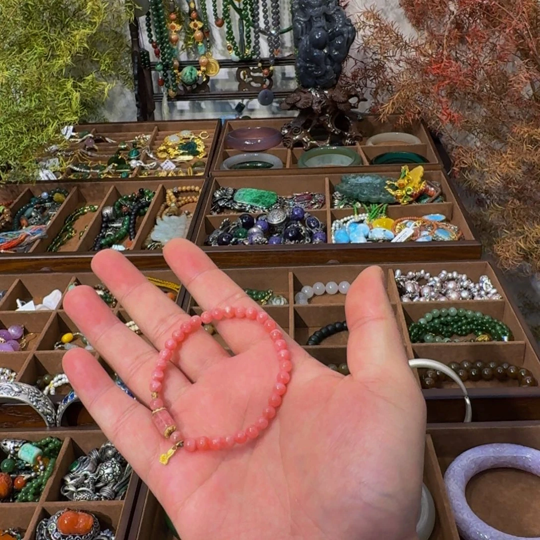 菱锰矿（红纹石）银S925镀金镶嵌手链开播福利天然红纹石设计款