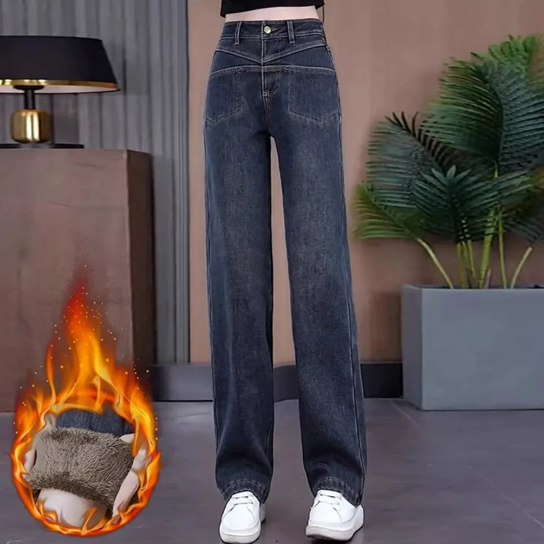 8229#[裤长95起]加绒新款高腰显瘦窄版直筒裤牛仔裤