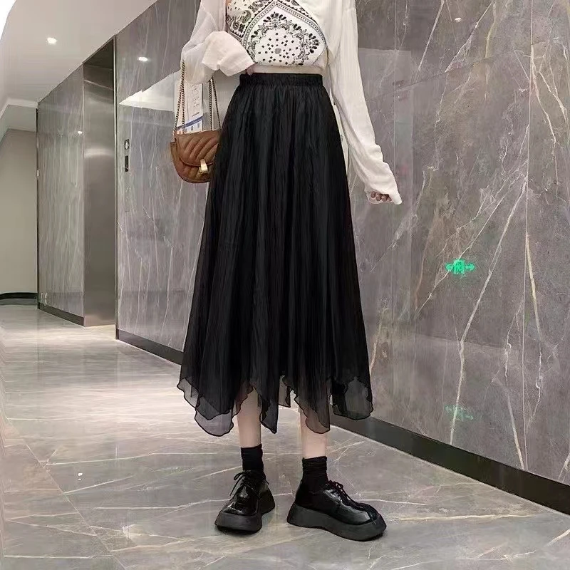 网纱百搭半身裙女春秋季杏色不规则a字裙子中长款甜美ins仙女长裙