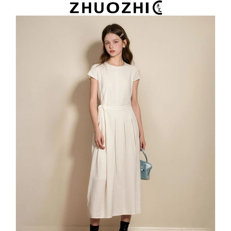 [卓芝]法式高级感复古条纹系带连衣裙2025夏季新款收腰显瘦中长裙