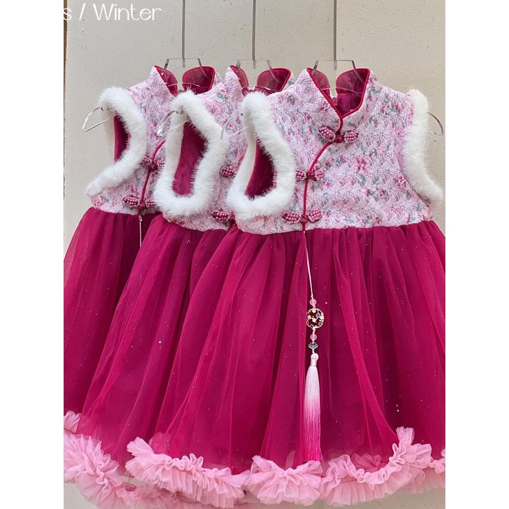 秋冬季新款女童加绒公主裙女宝宝国风盘扣连衣裙儿童背心裙-3236