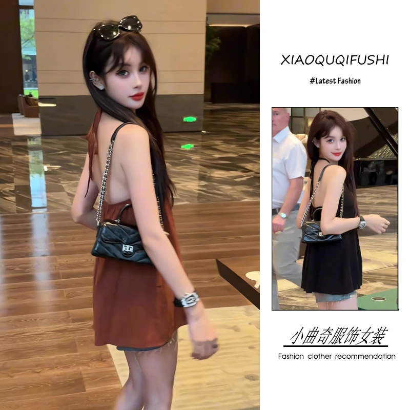 2025年夏季韩系辣妹风度假时尚百搭精品女装挂脖吊带短裤洋气套装