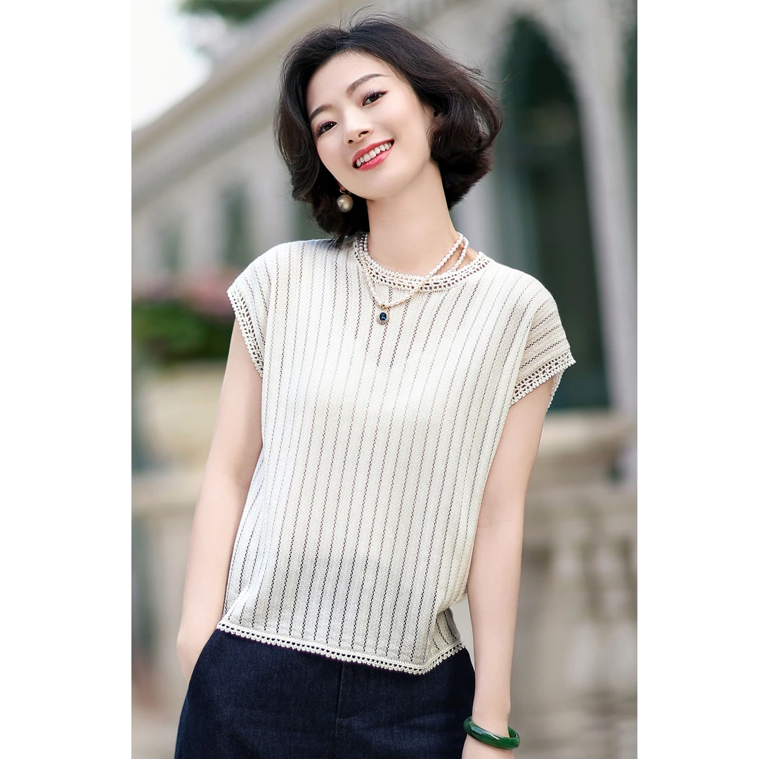 西子/【酷暑假日】100莱赛尔镂空竖条编织飞袖休闲百搭T恤/MSBH1142