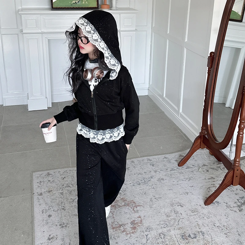 女童套装2025春秋新款中大童蕾丝花边连帽女孩卫衣外套裤子两件套