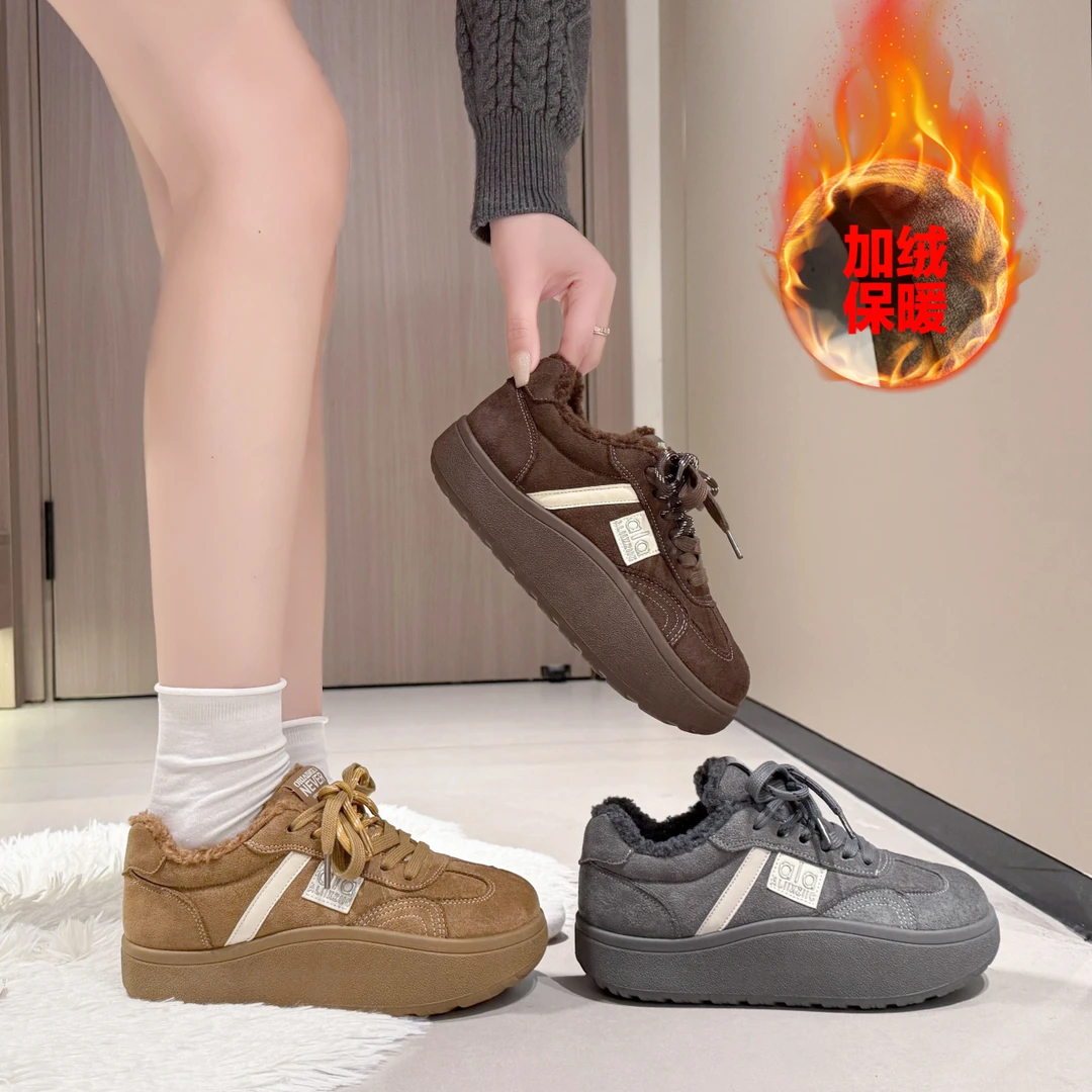 爆款加绒德训鞋女款2025冬季新款百搭复古板鞋厚底时尚休闲运动女
