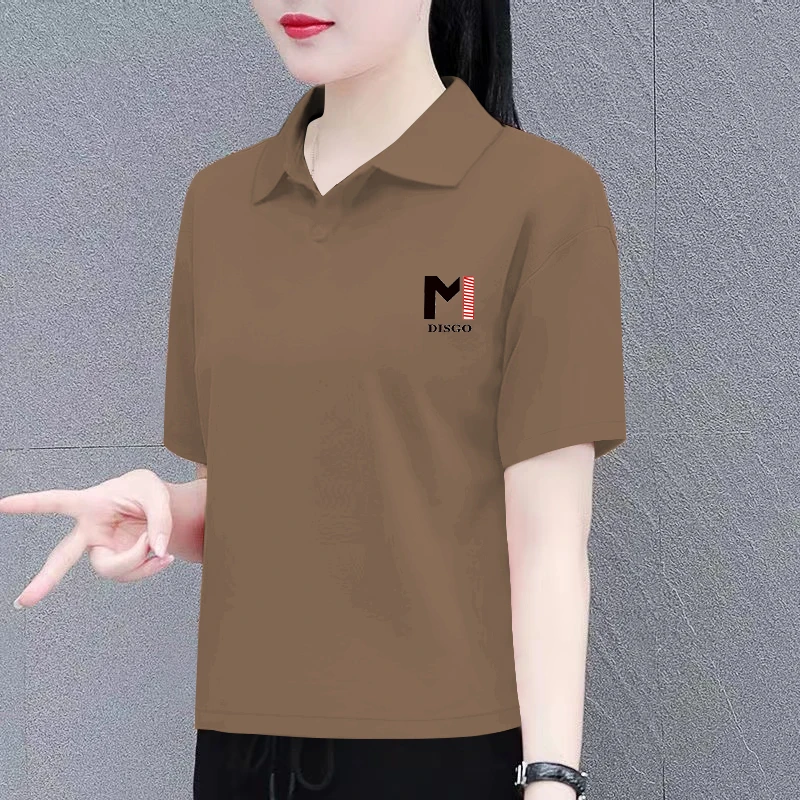 中年妈妈翻领短袖t恤女夏季2025新款polo衫带领t恤显瘦女上衣