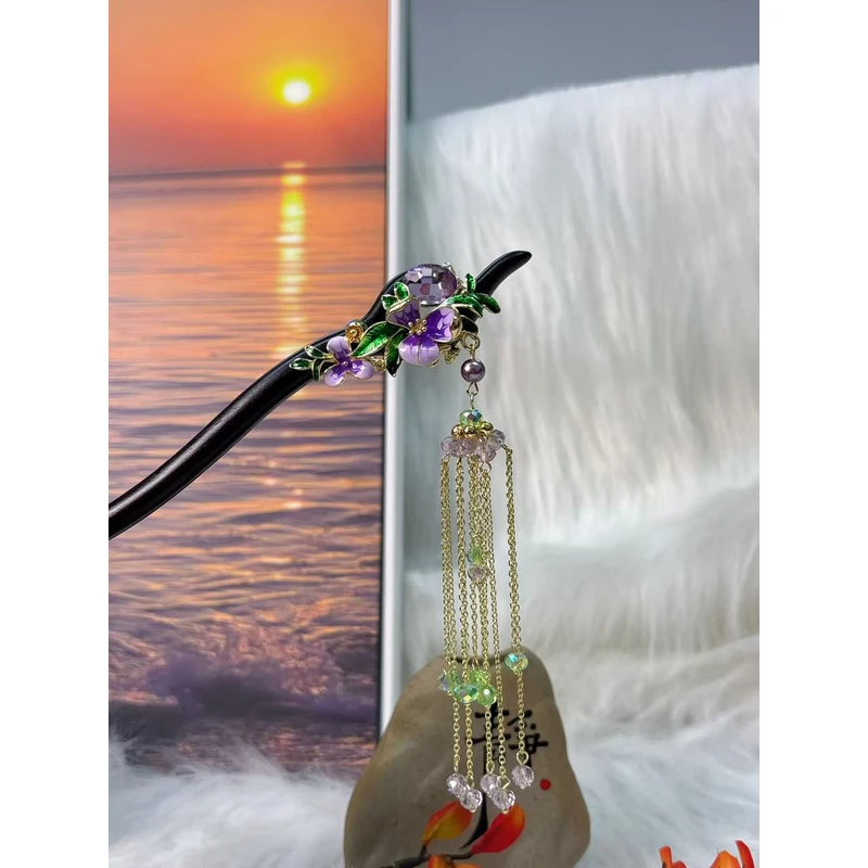 炑歌K340单簪原创设计紫色流苏气质款18公分发簪