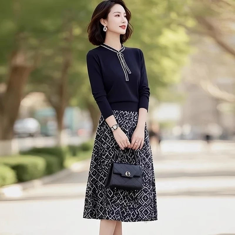 2025秋季穿搭一整套系带内搭针织上衣印花半身裙子两件套女装新款