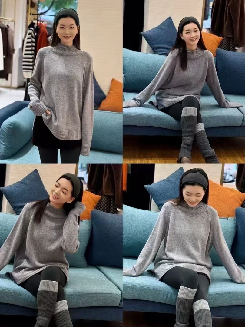 衫加厚纯色针织女灰色百搭半高领时尚秋冬宽松打底衫