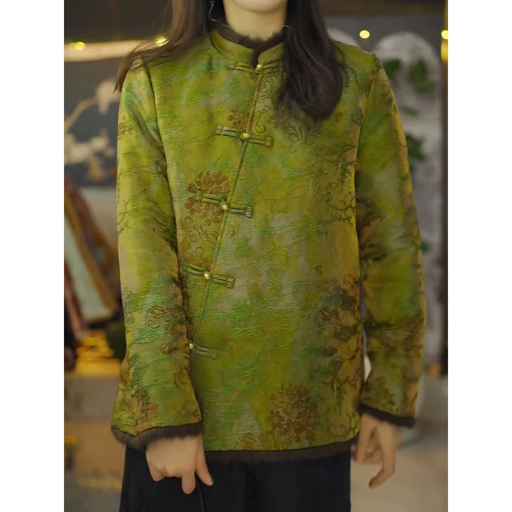 新中式国风提花夹棉外套女2025冬季新款洋气宽松显瘦百搭时尚上衣