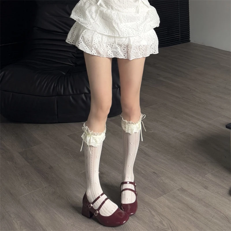 吾等是猫 甜美蕾丝花边中筒袜春夏薄款镂空蝴蝶结可爱少女蕾丝袜