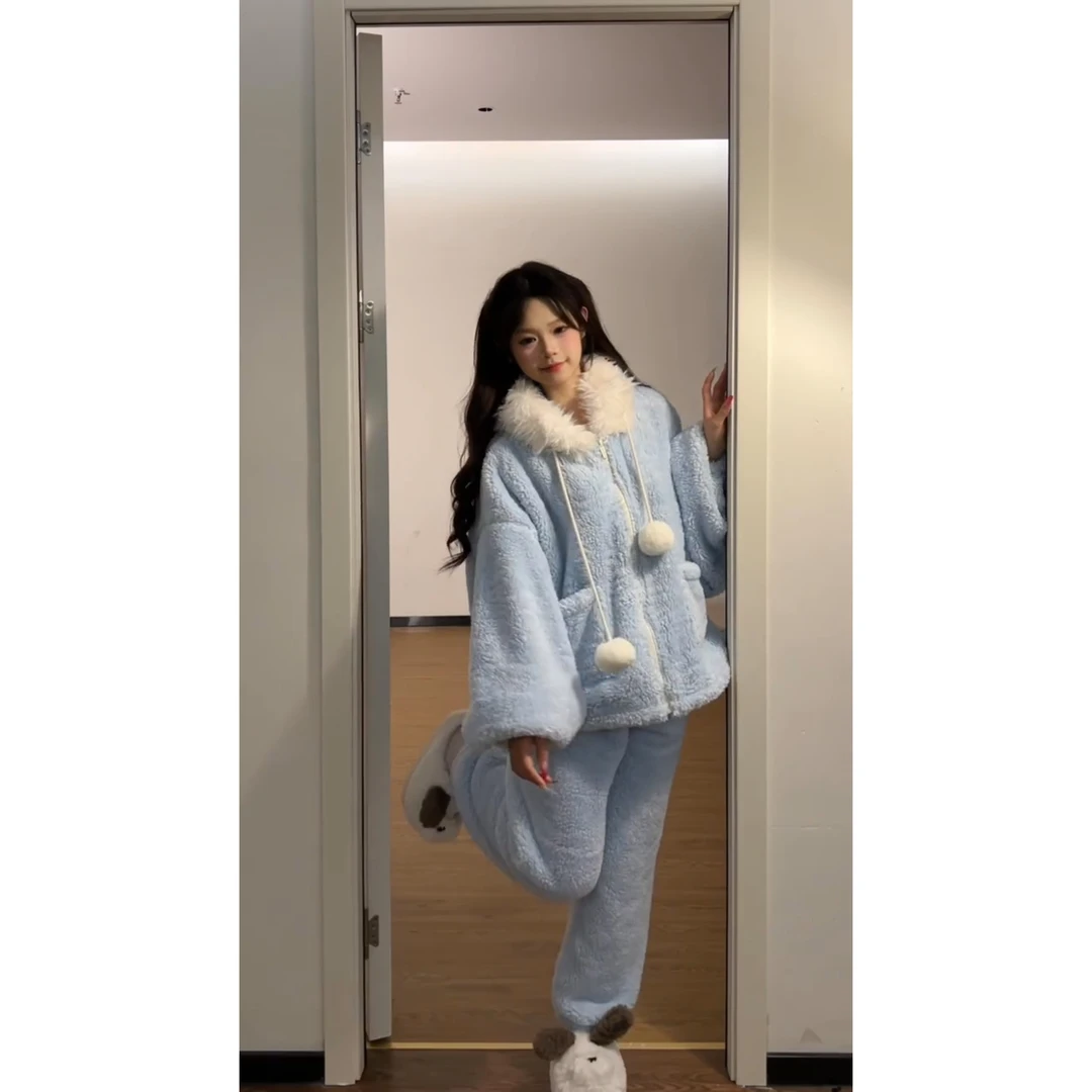 baby蓝色珊瑚绒连帽外套保暖睡衣女加绒加厚秋冬季新款家居服套装