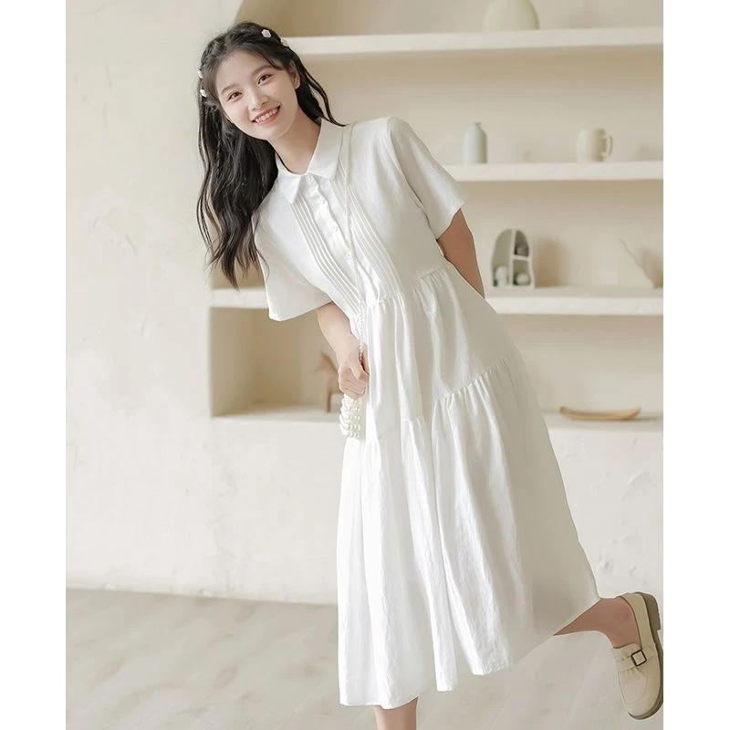 【1571人收藏】2025法式白色连衣裙夏季短袖新款学院文艺显瘦衬衫