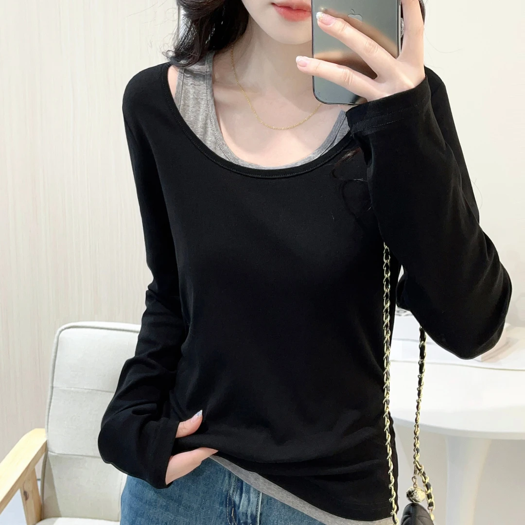 设计感两件套T恤女秋冬韩系穿搭露肩独特别致长袖打底衫显瘦上衣
