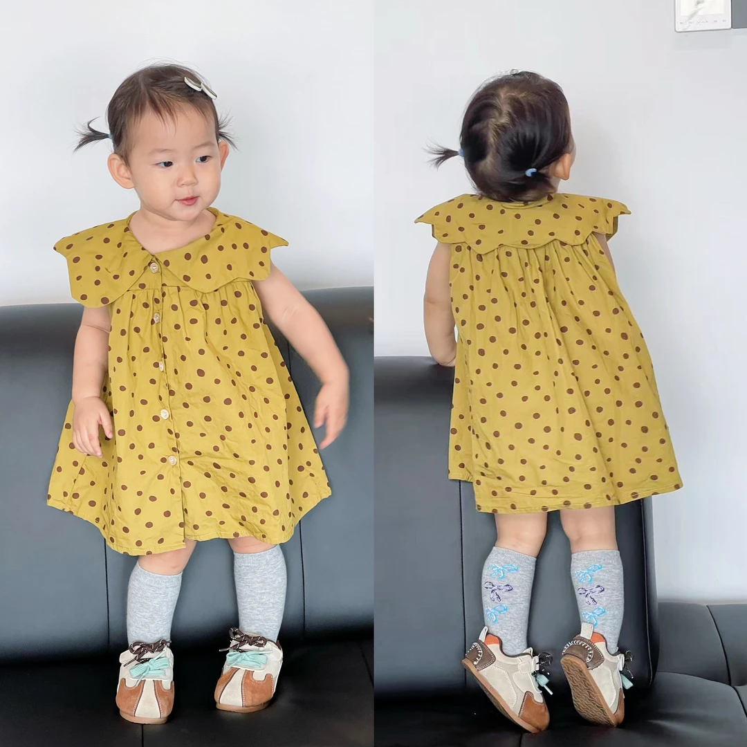 【烁烁家】2025韩版夏季新款女童复古波点背心裙 娃娃领无袖连衣裙