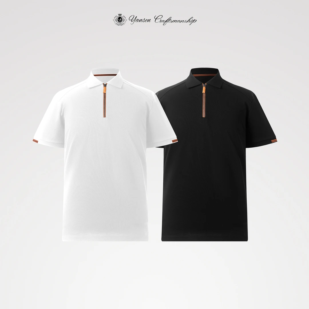 "黑标"简约条纹织带装饰皮质拉链polo短袖 YSH1026