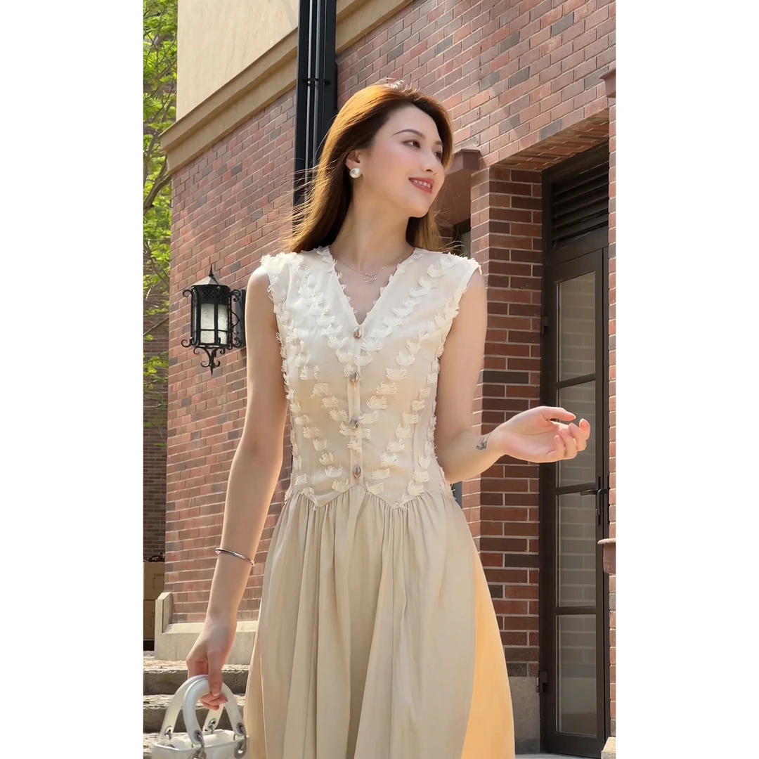 现货【山间茉莉】夏季修身收腰显瘦拼接连衣裙LZ1977